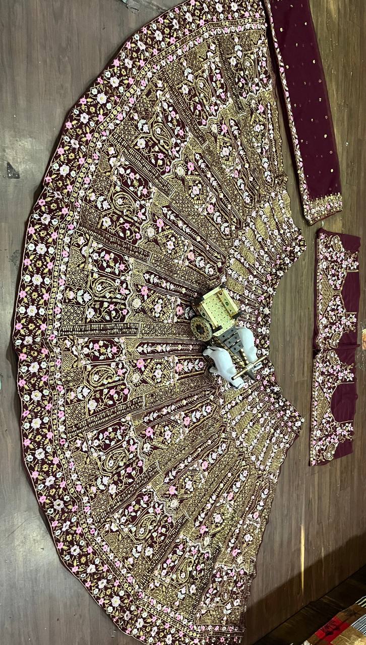 Women’s Wine Embroidered Lehenga Choli with Matching Blouse
