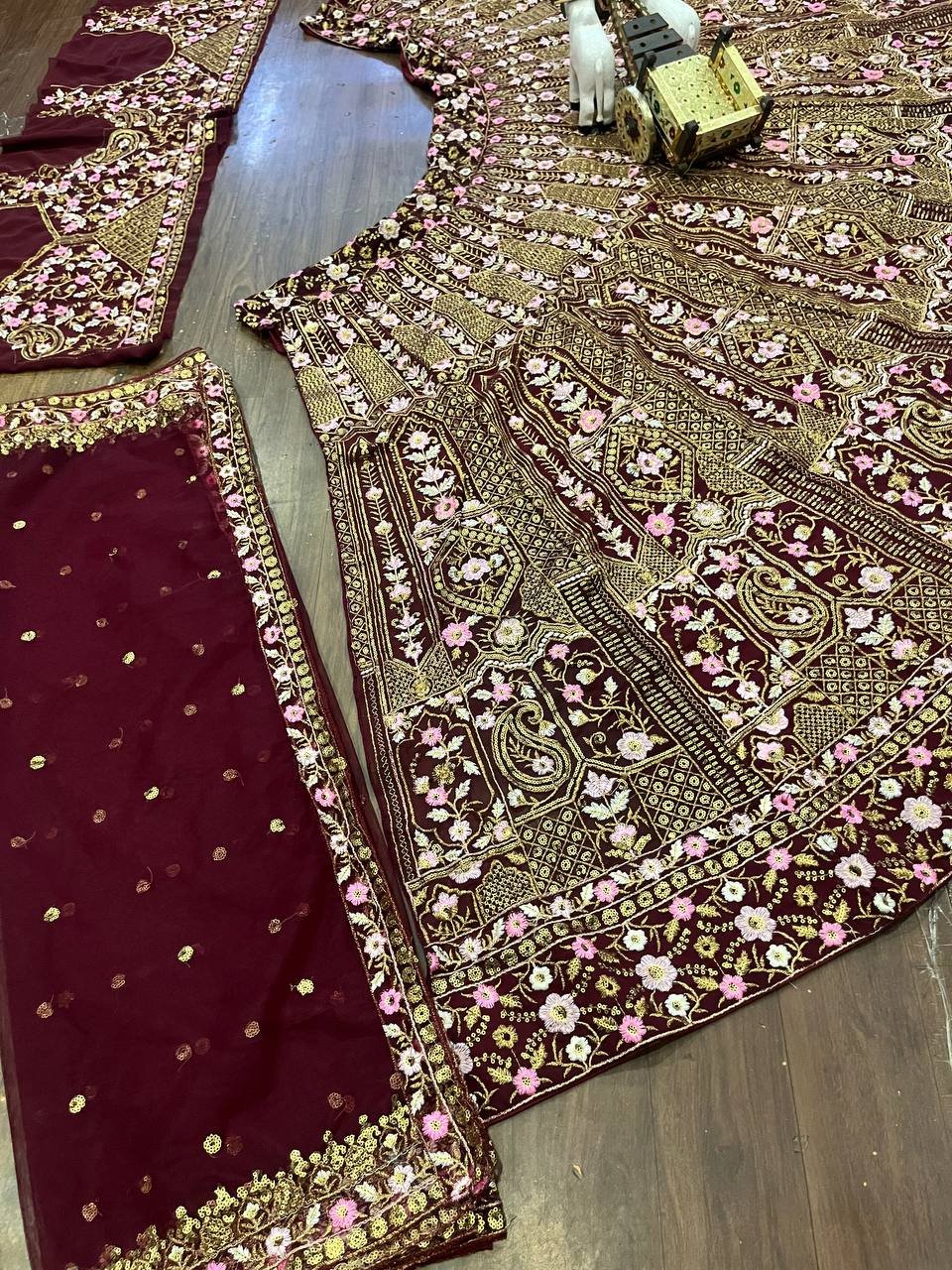 Women’s Wine Embroidered Lehenga Choli with Matching Blouse