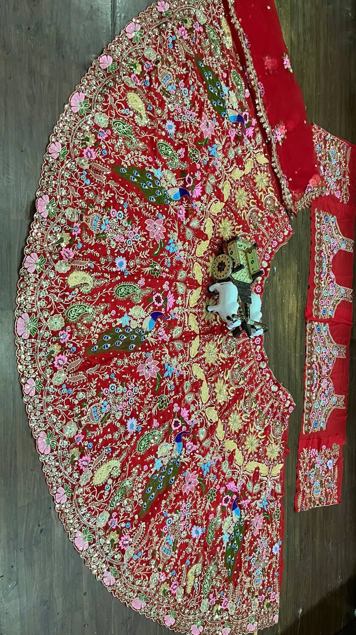 “Red Faux Georgette Lehenga with Peacock & Floral Sequins Embroidery – Georgette Dupatta, Blouse up to 5XL”