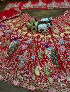 “Red Faux Georgette Lehenga with Peacock & Floral Sequins Embroidery – Georgette Dupatta, Blouse up to 5XL”