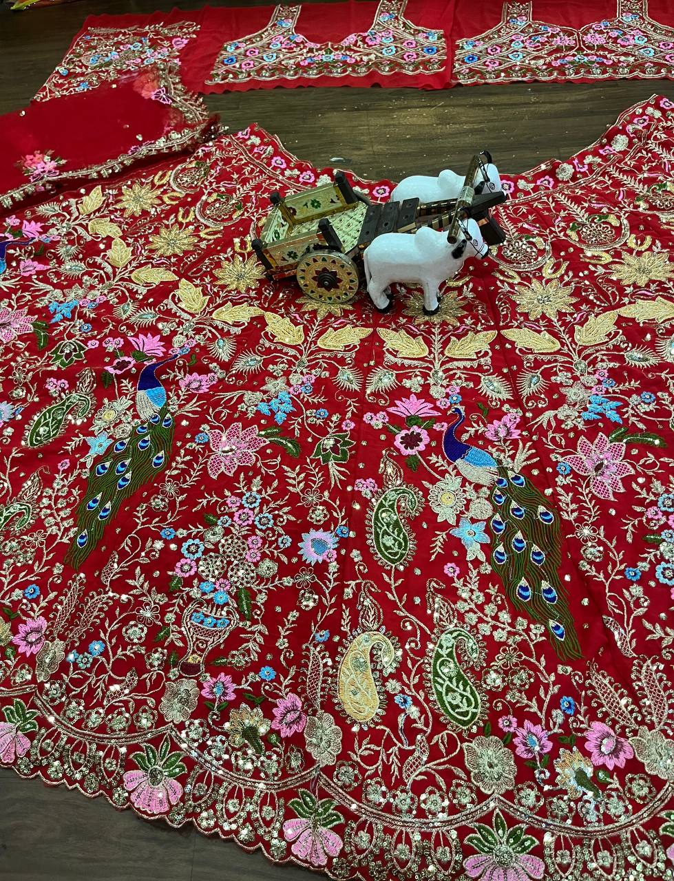 “Red Faux Georgette Lehenga with Peacock & Floral Sequins Embroidery – Georgette Dupatta, Blouse up to 5XL”