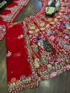 “Red Faux Georgette Lehenga with Peacock & Floral Sequins Embroidery – Georgette Dupatta, Blouse up to 5XL”