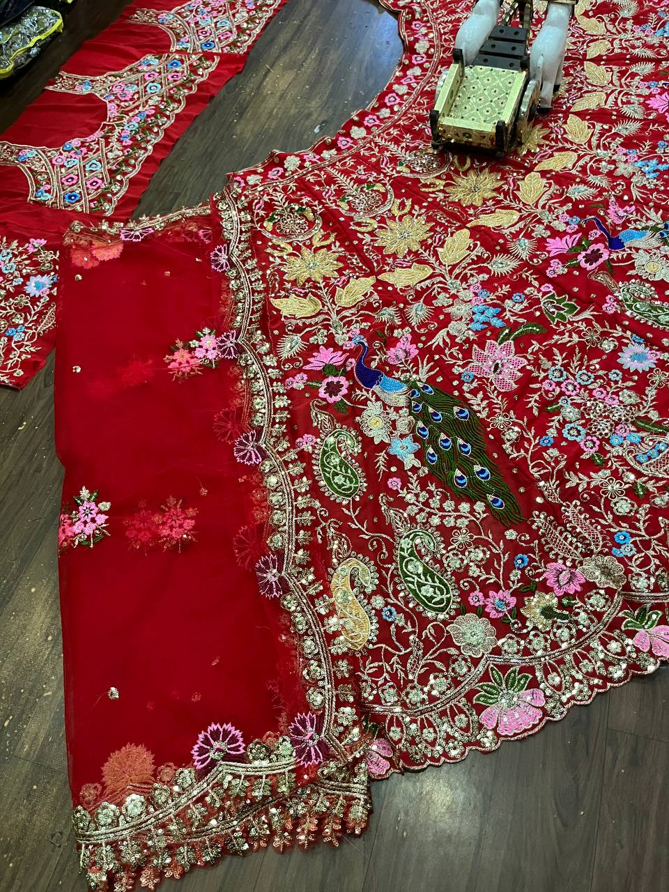 “Red Faux Georgette Lehenga with Peacock & Floral Sequins Embroidery – Georgette Dupatta, Blouse up to 5XL”
