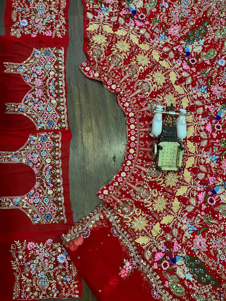 “Red Faux Georgette Lehenga with Peacock & Floral Sequins Embroidery – Georgette Dupatta, Blouse up to 5XL”