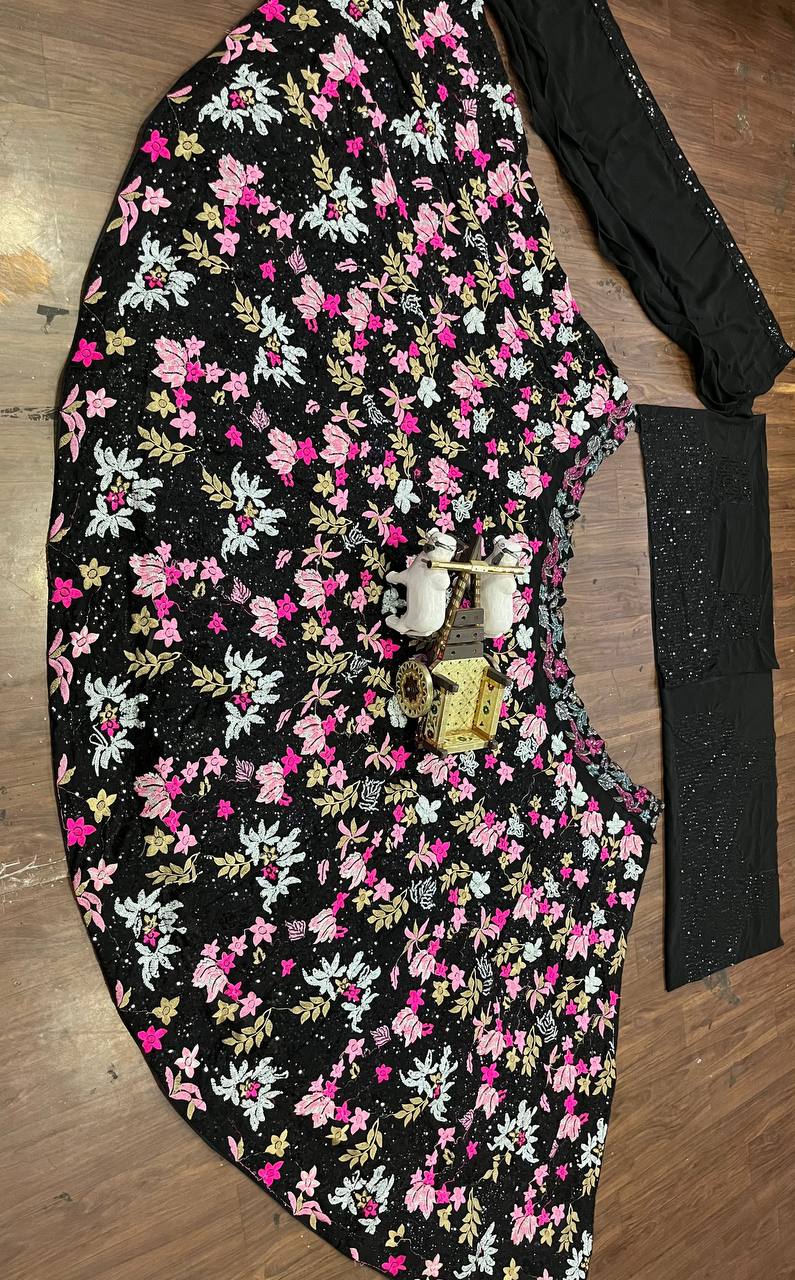 Black Sequin Embroidered Floral Lehenga with Off-Shoulder Blouse and Dupatta