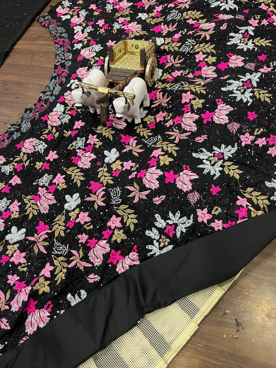 Black Sequin Embroidered Floral Lehenga with Off-Shoulder Blouse and Dupatta