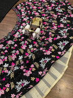 Black Sequin Embroidered Floral Lehenga with Off-Shoulder Blouse and Dupatta