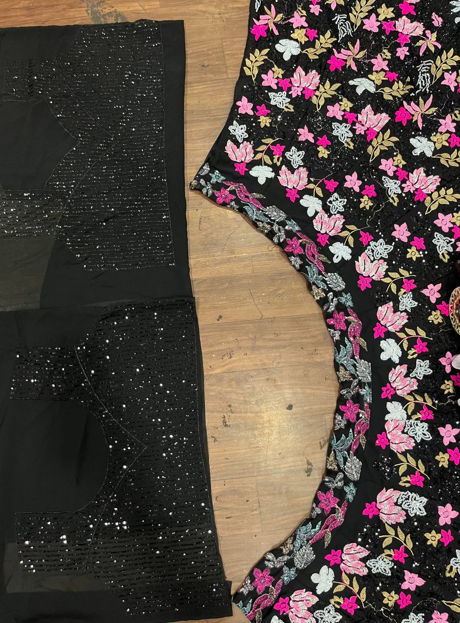 Black Sequin Embroidered Floral Lehenga with Off-Shoulder Blouse and Dupatta