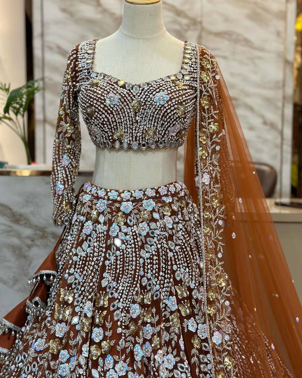 Soft Butterfly Net Lehenga with Real Mirror Embroidery Sequins Work – Semi-Stitched Set
