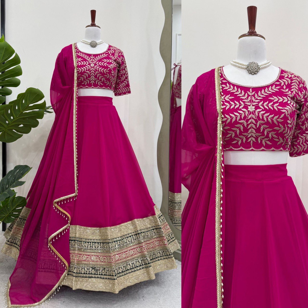 Semi-Stitched Embroidered Lehenga Choli with 3-Meter Flair & Lace Dupatta – Faux Georgette