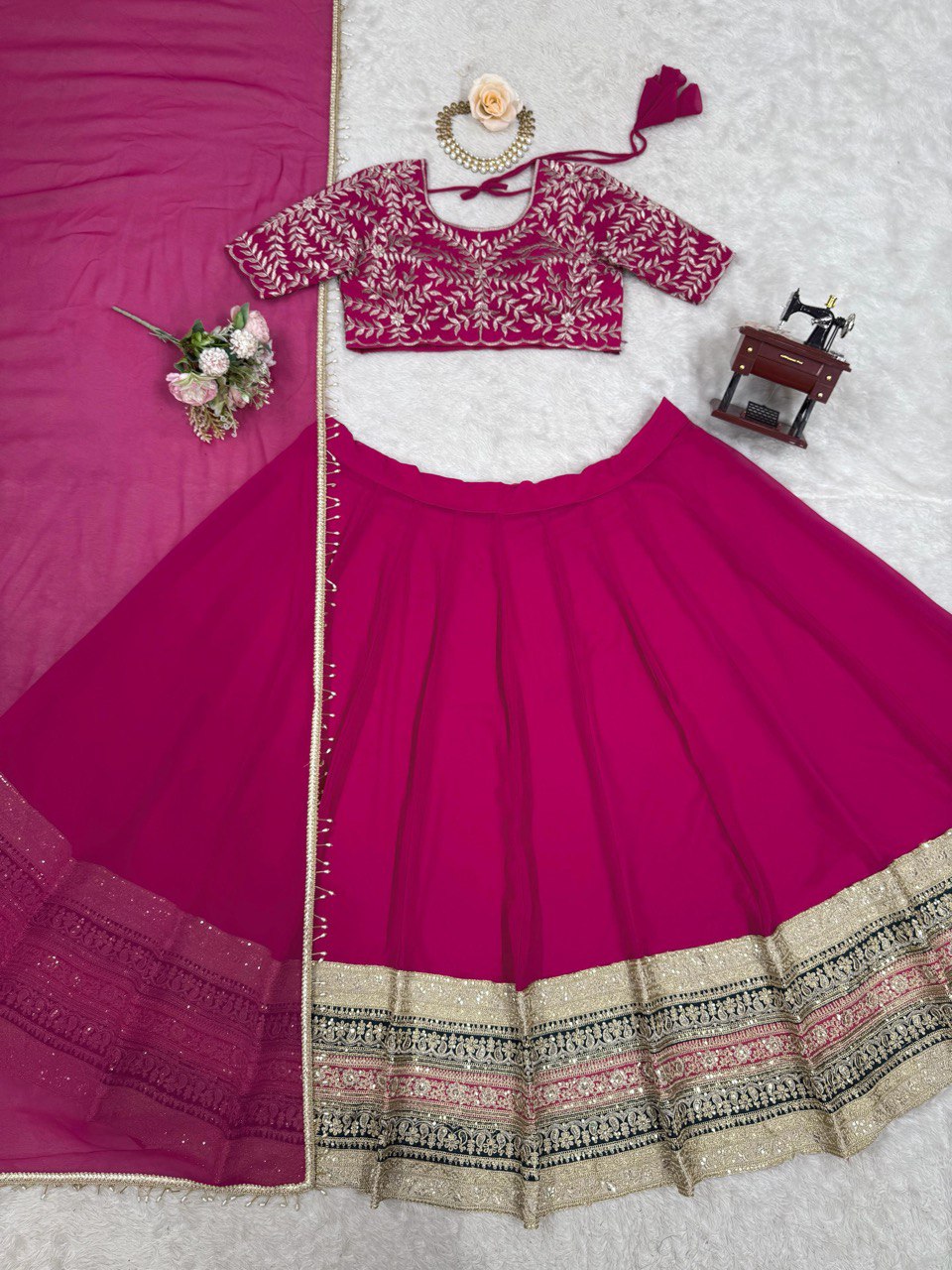Semi-Stitched Embroidered Lehenga Choli with 3-Meter Flair & Lace Dupatta – Faux Georgette