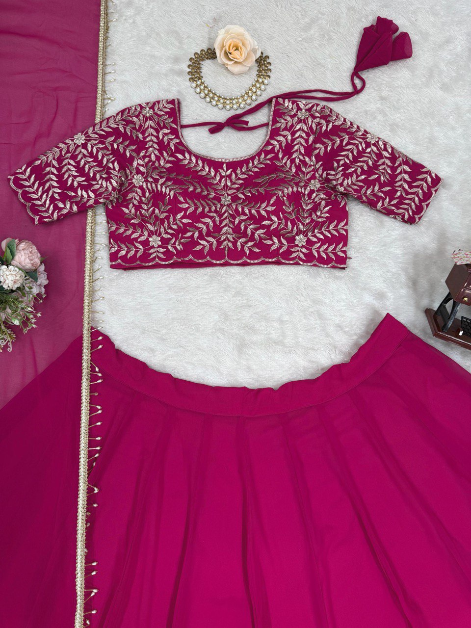 Semi-Stitched Embroidered Lehenga Choli with 3-Meter Flair & Lace Dupatta – Faux Georgette