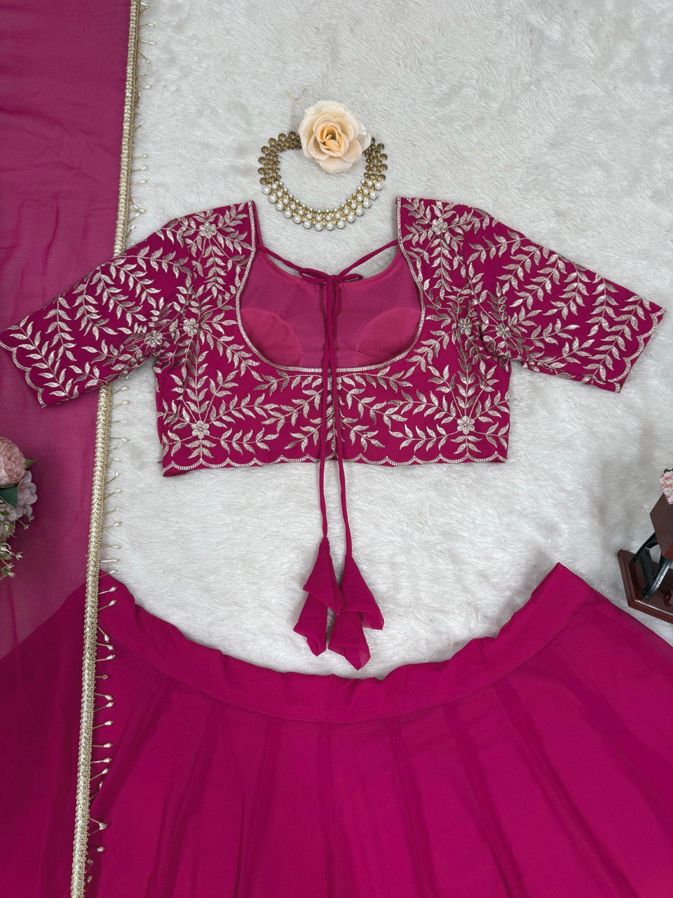 Semi-Stitched Embroidered Lehenga Choli with 3-Meter Flair & Lace Dupatta – Faux Georgette