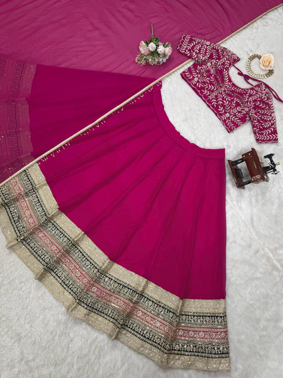 Semi-Stitched Embroidered Lehenga Choli with 3-Meter Flair & Lace Dupatta – Faux Georgette