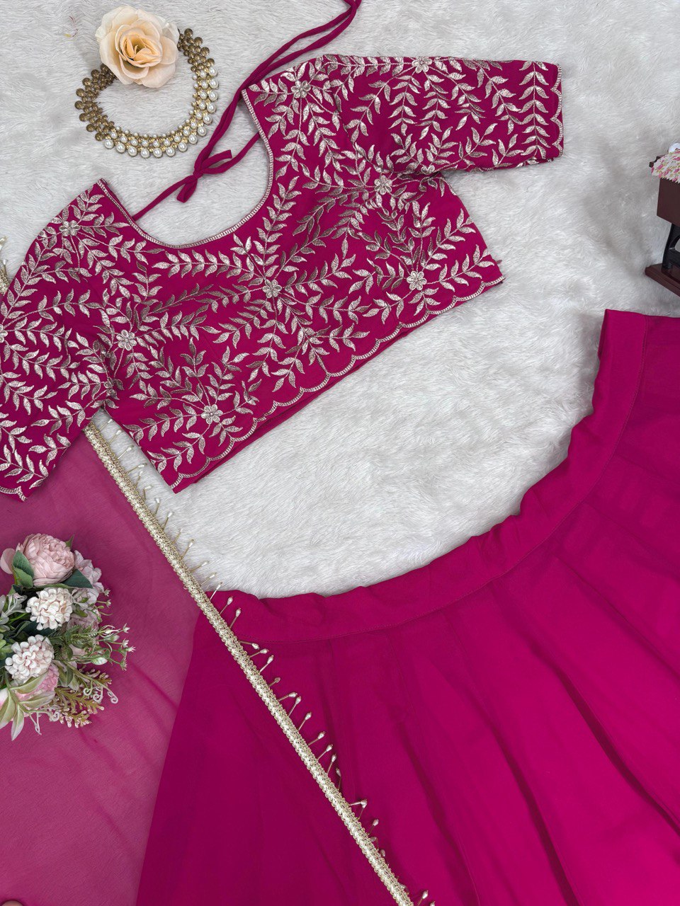 Semi-Stitched Embroidered Lehenga Choli with 3-Meter Flair & Lace Dupatta – Faux Georgette