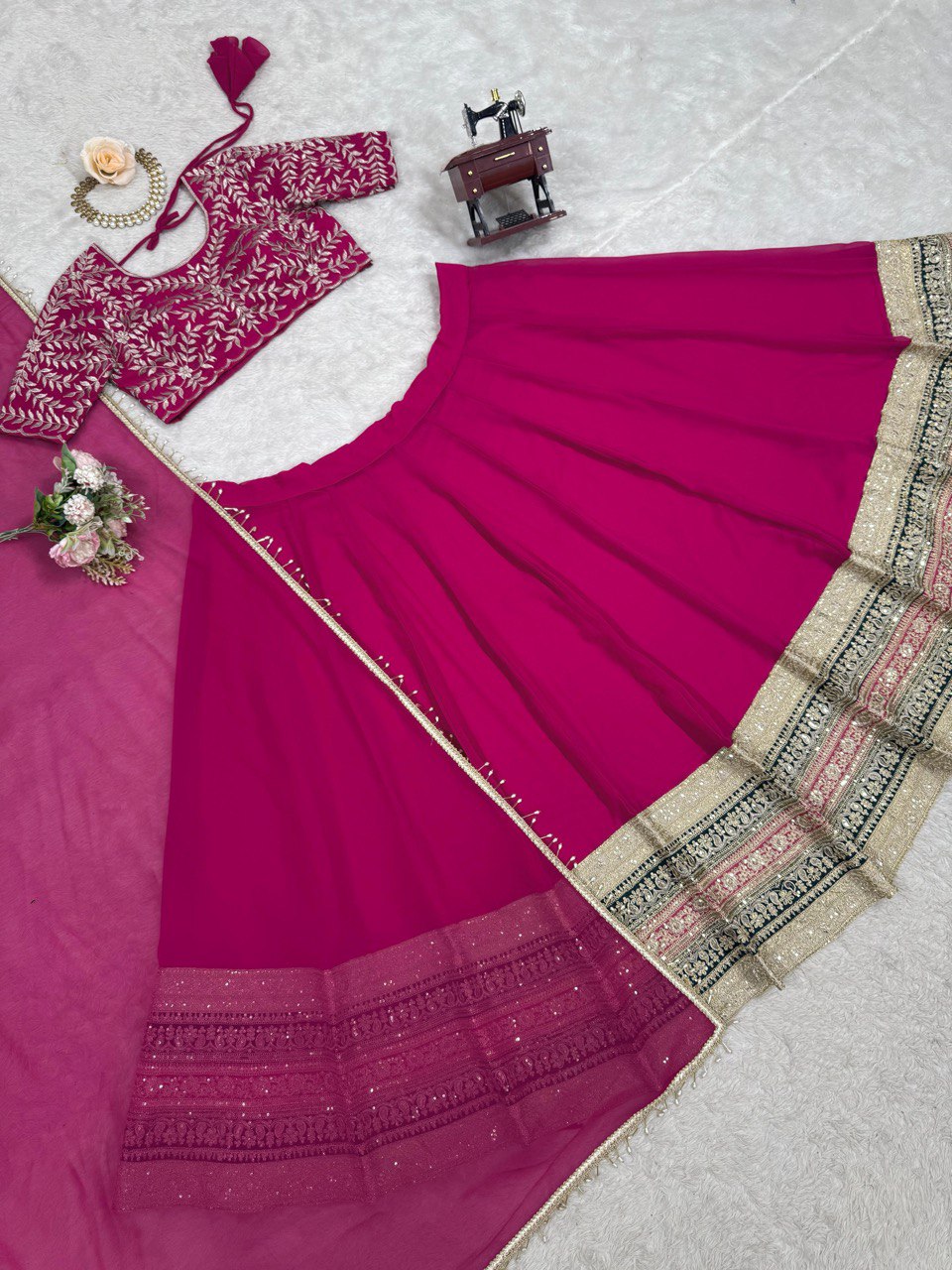 Semi-Stitched Embroidered Lehenga Choli with 3-Meter Flair & Lace Dupatta – Faux Georgette