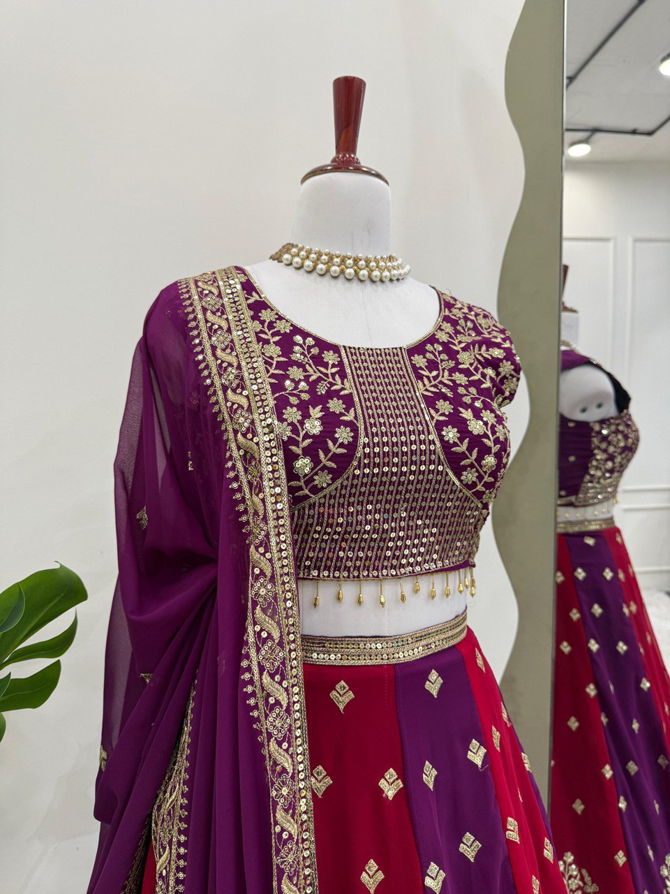 Elegant Thread & Sequence Embroidered Lehenga Choli with 3-Meter Flair & Lace Dupatta