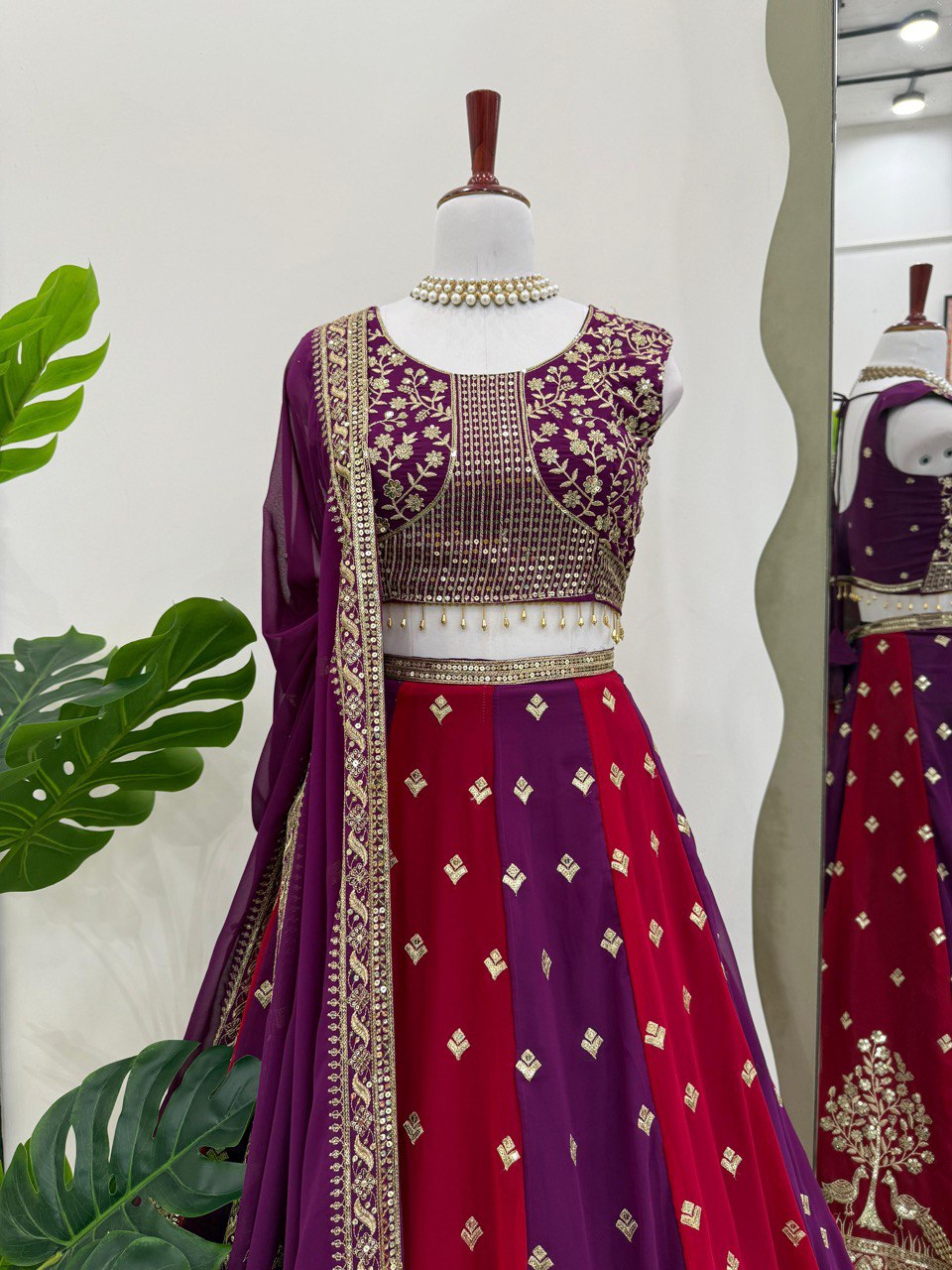 Elegant Thread & Sequence Embroidered Lehenga Choli with 3-Meter Flair & Lace Dupatta