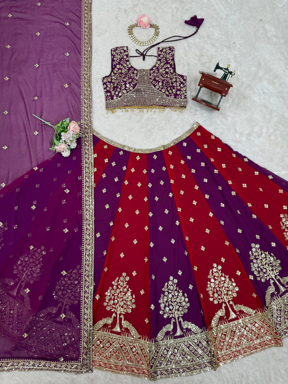 Elegant Thread & Sequence Embroidered Lehenga Choli with 3-Meter Flair & Lace Dupatta