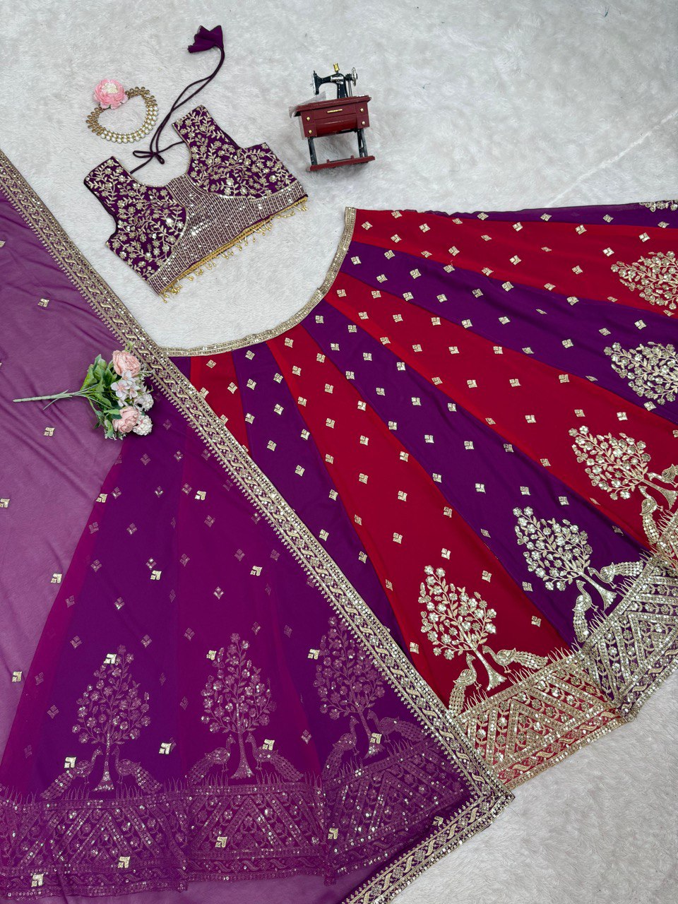 Elegant Thread & Sequence Embroidered Lehenga Choli with 3-Meter Flair & Lace Dupatta