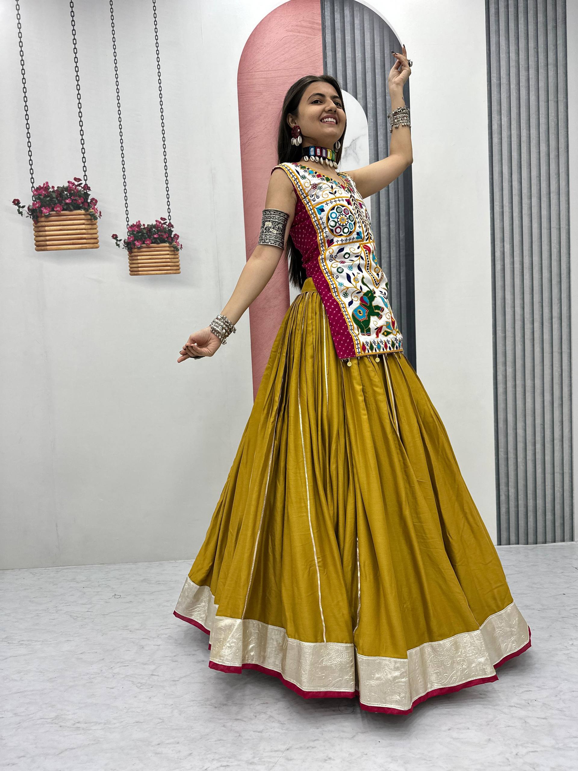 Heavy Gamathi Mirror Work Lehenga Choli | 6 Meter Flair Navratri Special | Pure Cotton Garba Dress for Women |