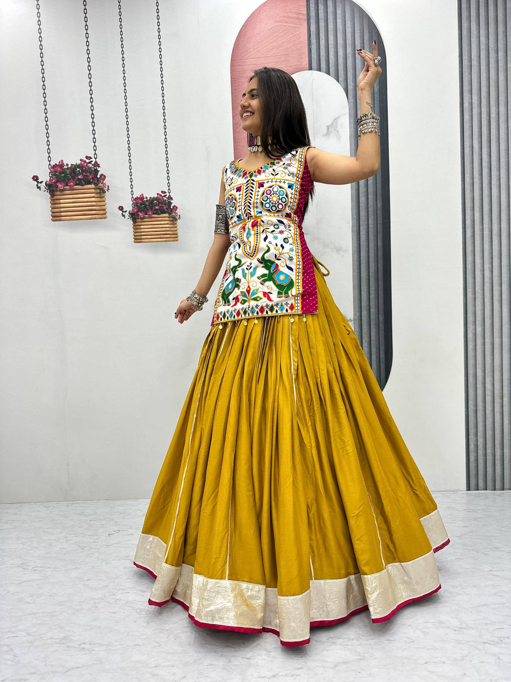 Heavy Gamathi Mirror Work Lehenga Choli | 6 Meter Flair Navratri Special | Pure Cotton Garba Dress for Women |