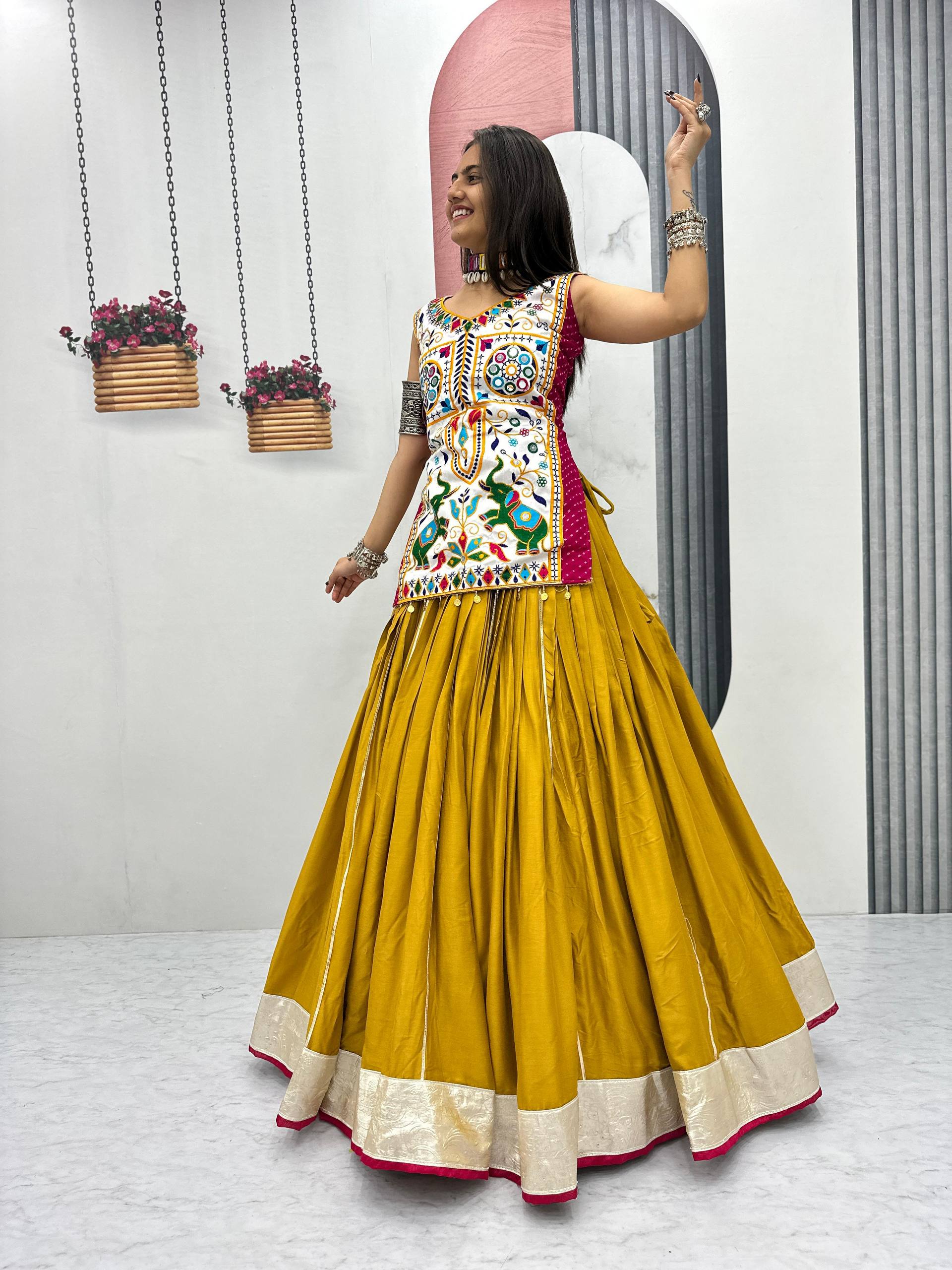 Heavy Gamathi Mirror Work Lehenga Choli | 6 Meter Flair Navratri Special | Pure Cotton Garba Dress for Women |