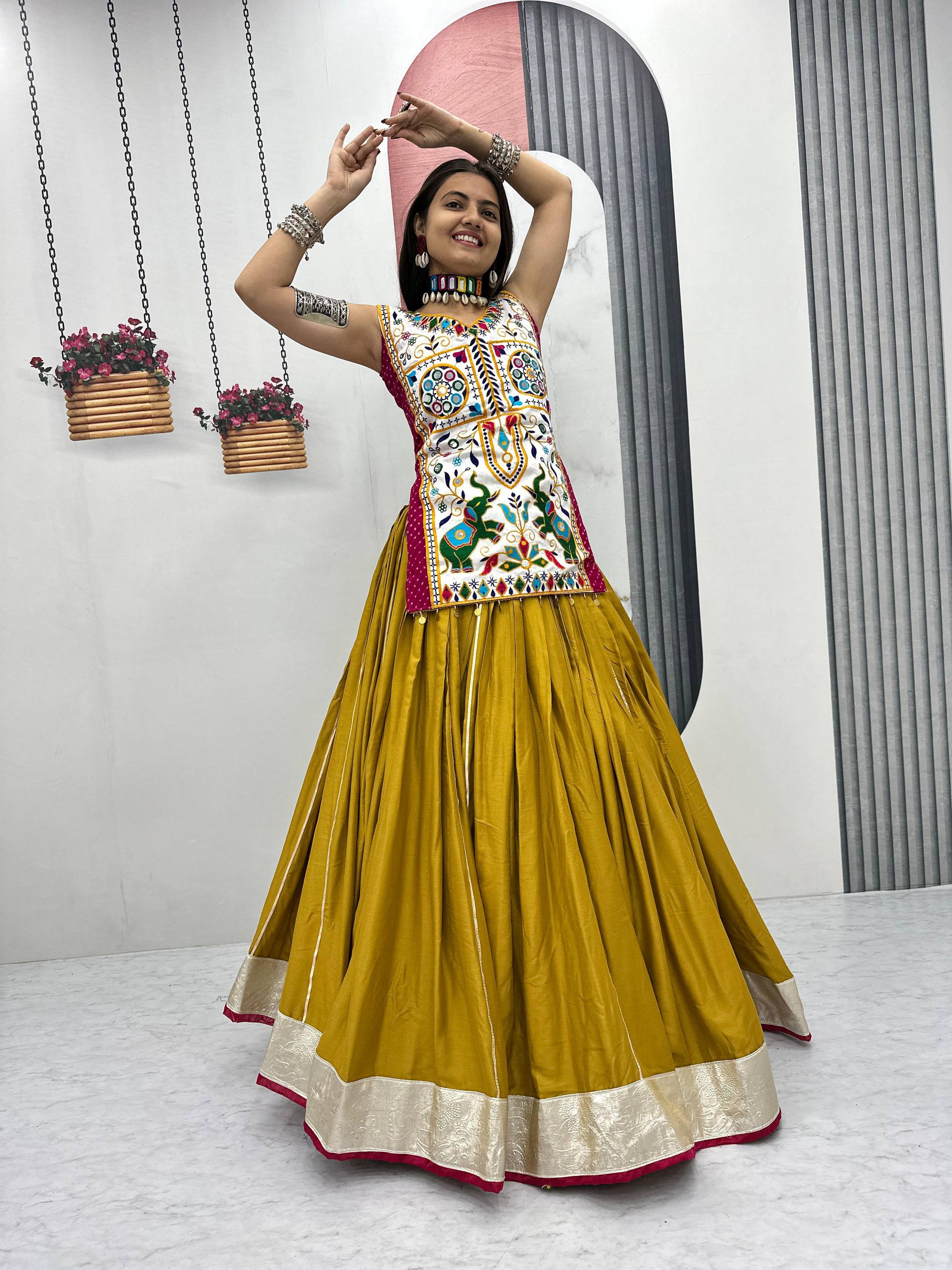 Heavy Gamathi Mirror Work Lehenga Choli | 6 Meter Flair Navratri Special | Pure Cotton Garba Dress for Women |