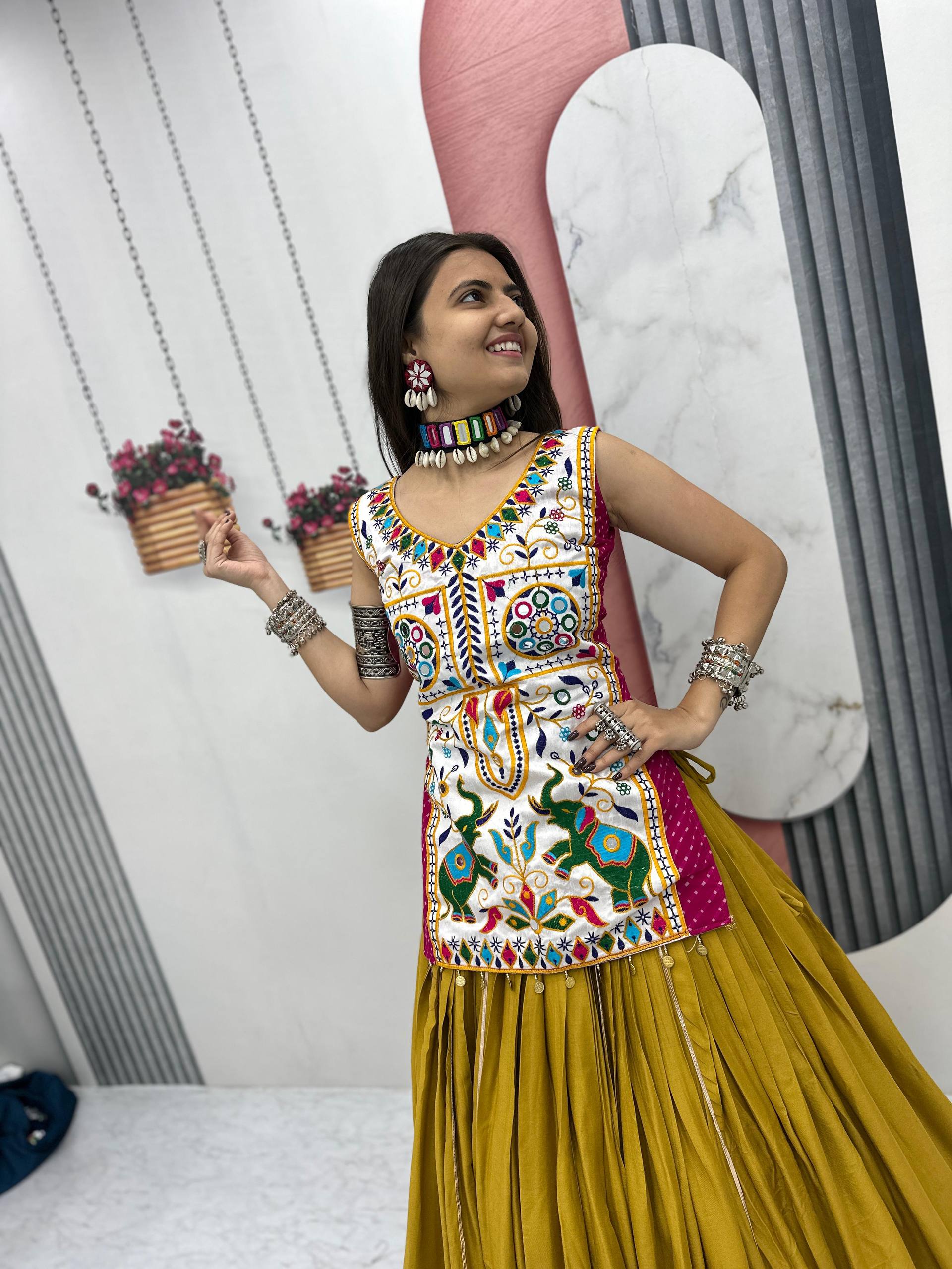 Heavy Gamathi Mirror Work Lehenga Choli | 6 Meter Flair Navratri Special | Pure Cotton Garba Dress for Women |