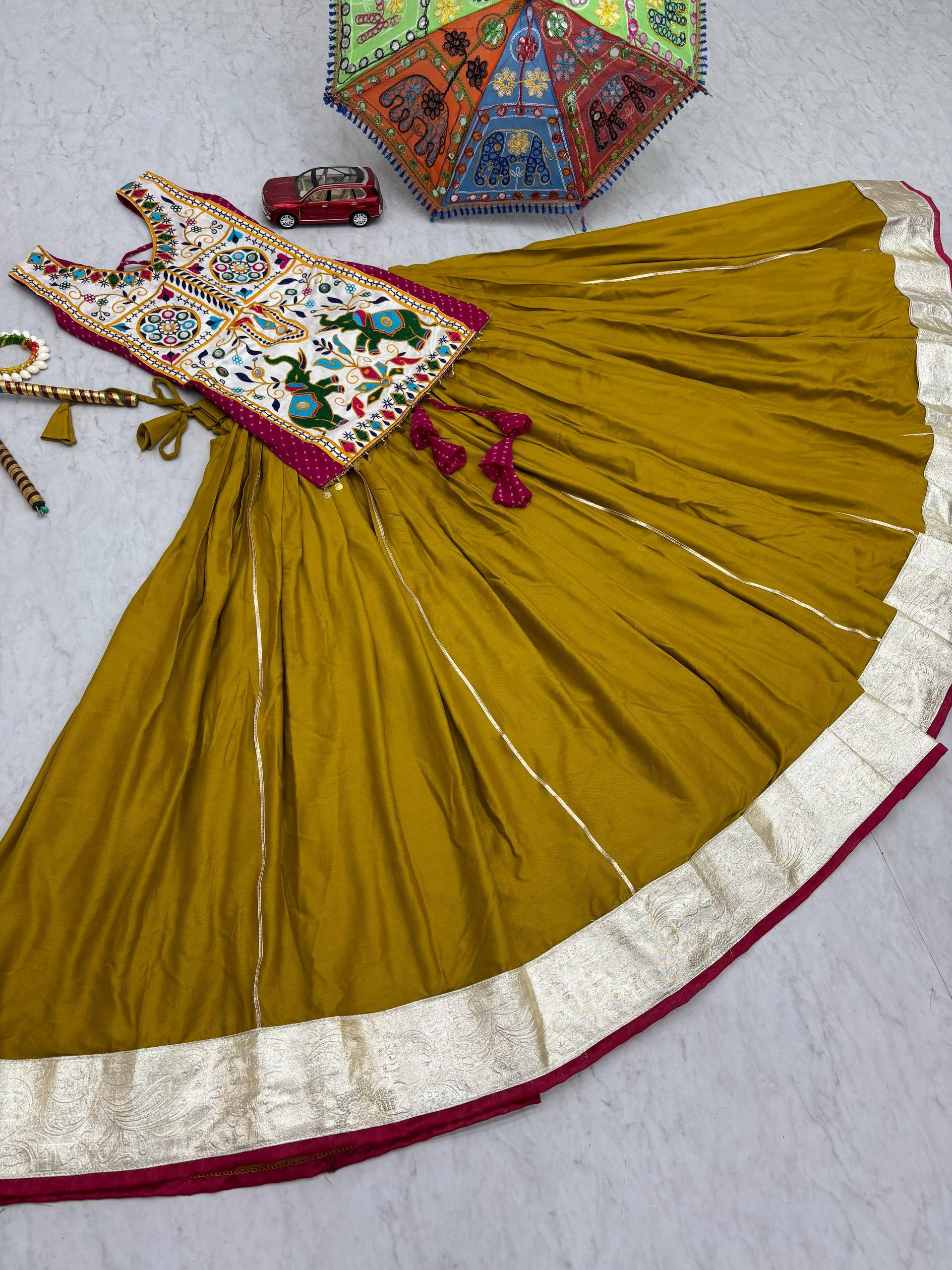 Heavy Gamathi Mirror Work Lehenga Choli | 6 Meter Flair Navratri Special | Pure Cotton Garba Dress for Women |