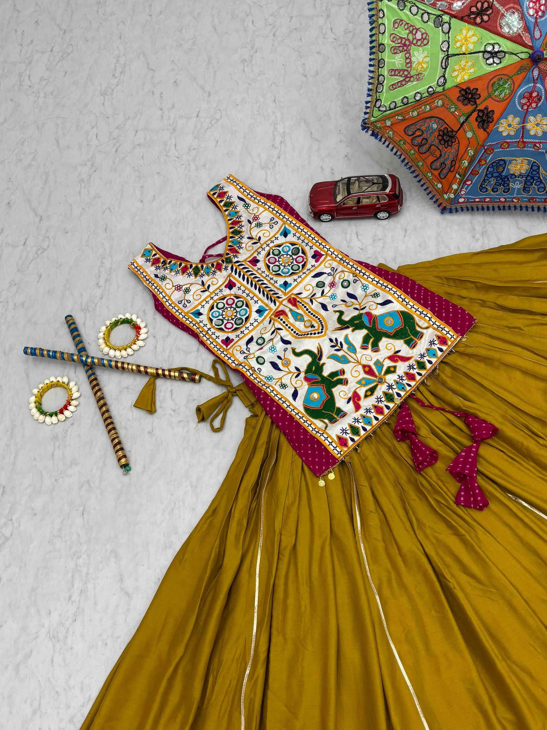 Heavy Gamathi Mirror Work Lehenga Choli | 6 Meter Flair Navratri Special | Pure Cotton Garba Dress for Women |