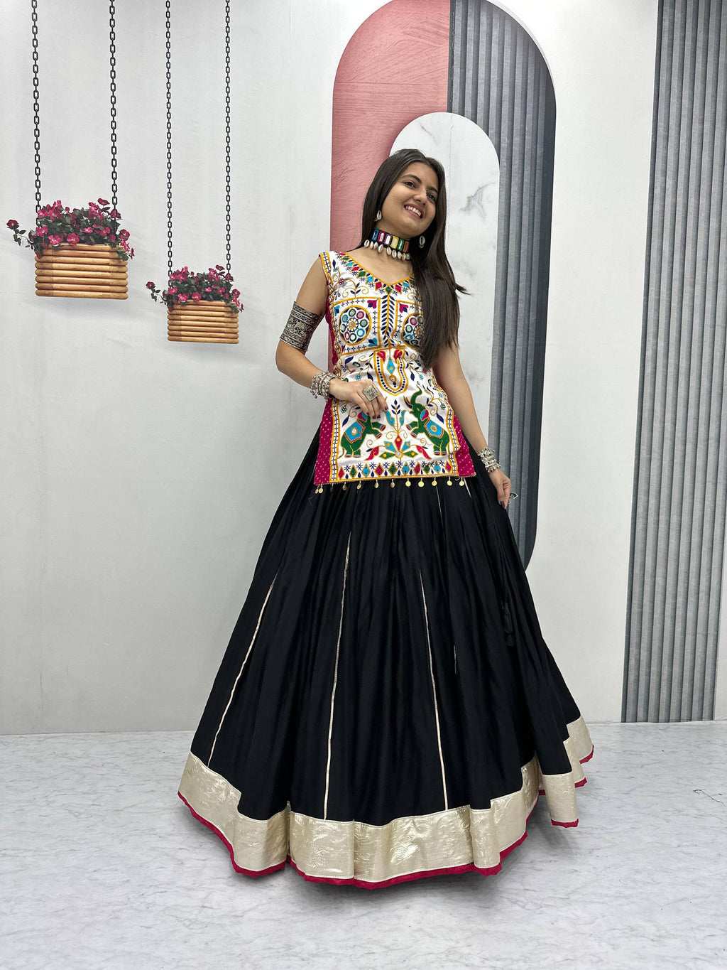 Heavy Gamathi Mirror Work Lehenga Choli | 6 Meter Flair Navratri Special | Pure Cotton Garba Dress for Women |