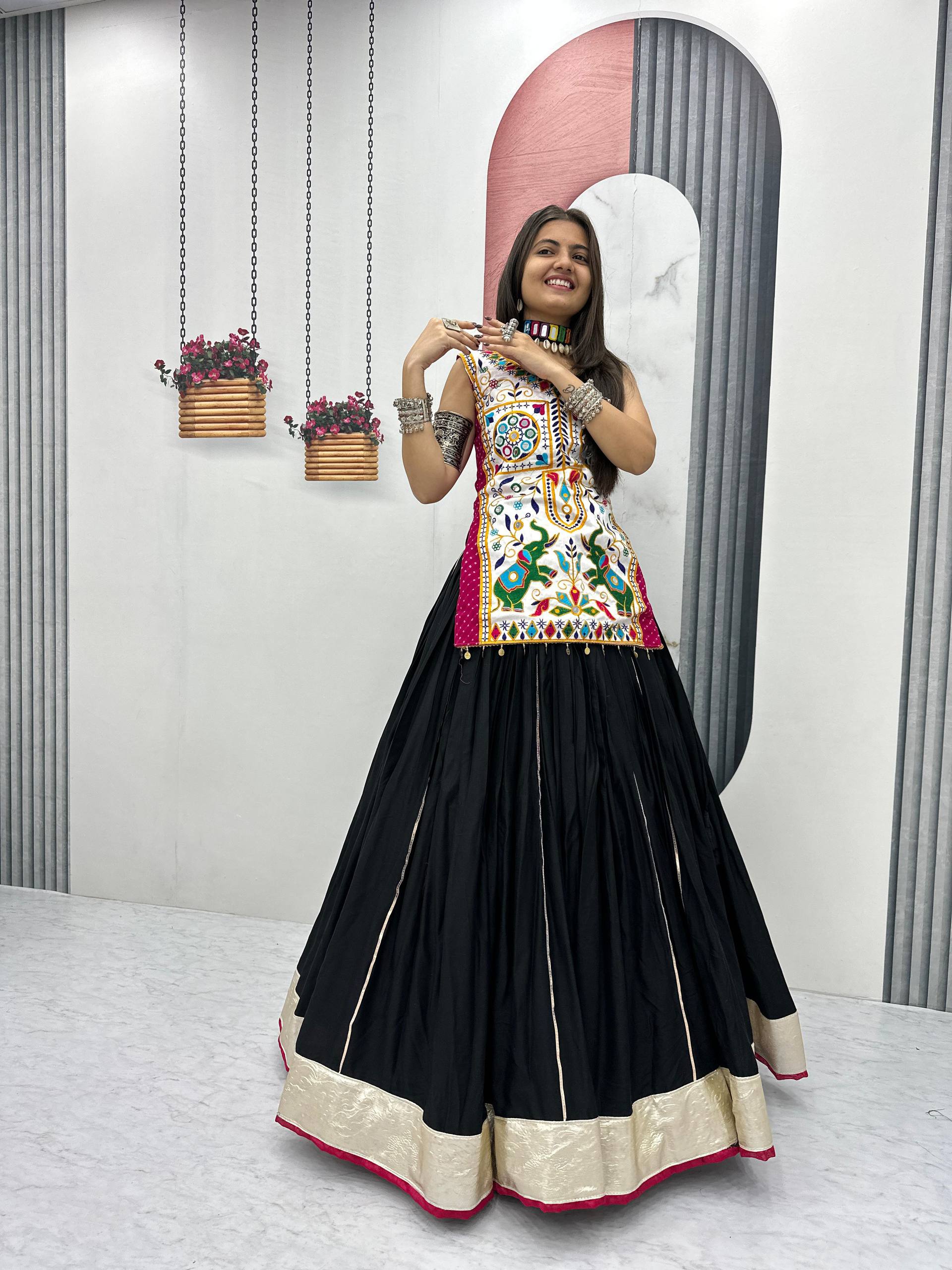 Heavy Gamathi Mirror Work Lehenga Choli | 6 Meter Flair Navratri Special | Pure Cotton Garba Dress for Women |