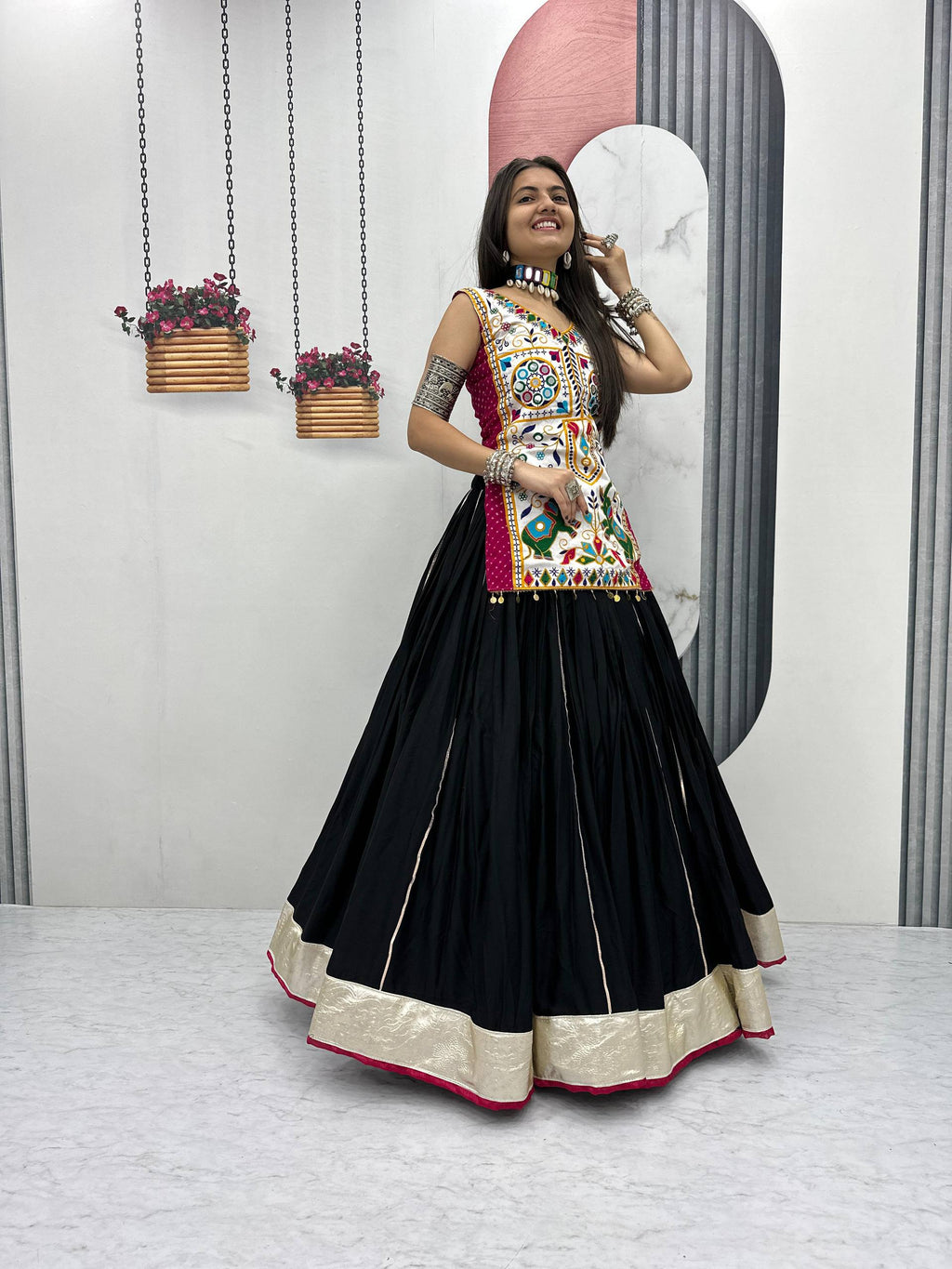 Heavy Gamathi Mirror Work Lehenga Choli | 6 Meter Flair Navratri Special | Pure Cotton Garba Dress for Women |