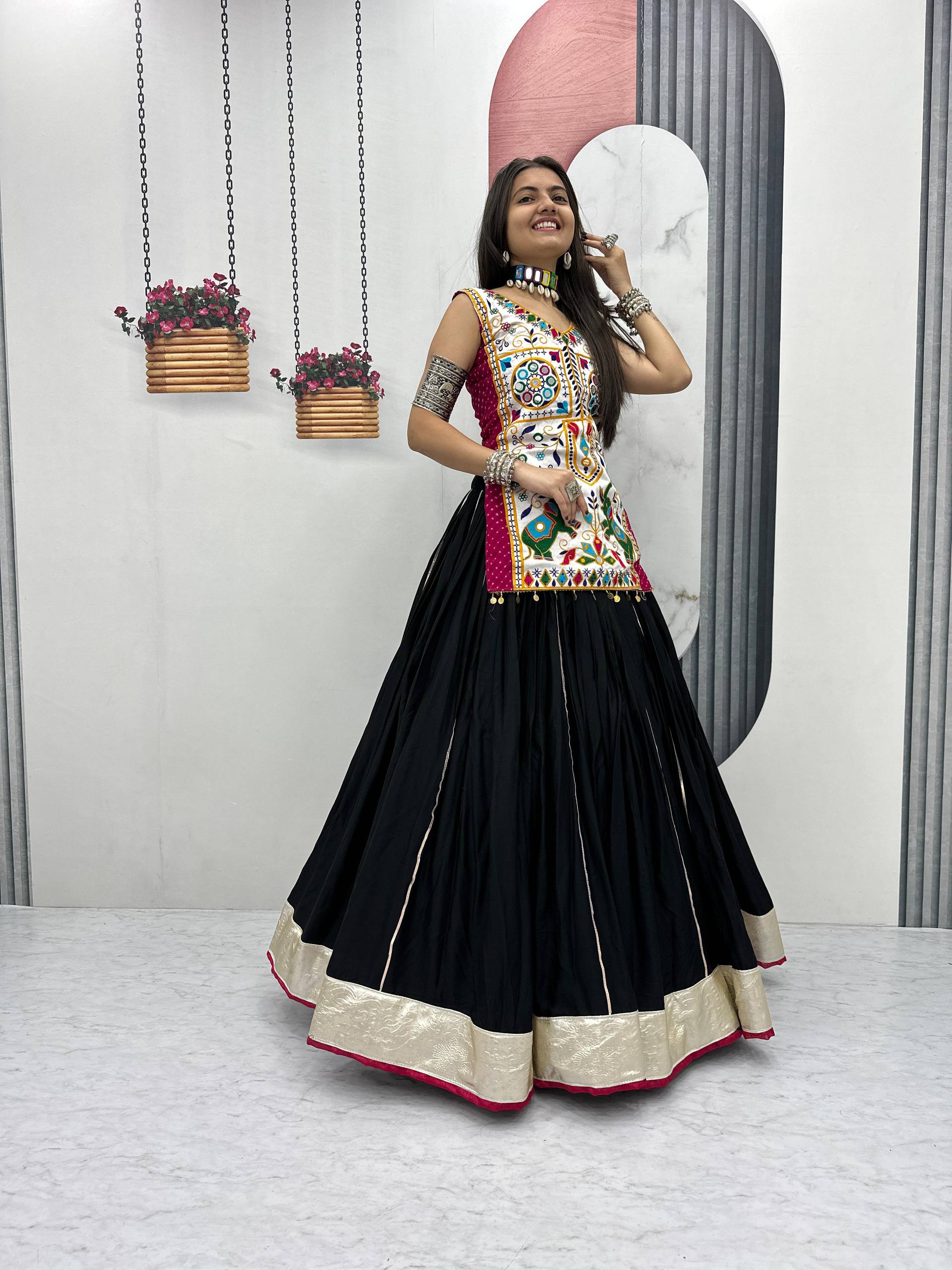 Heavy Gamathi Mirror Work Lehenga Choli | 6 Meter Flair Navratri Special | Pure Cotton Garba Dress for Women |