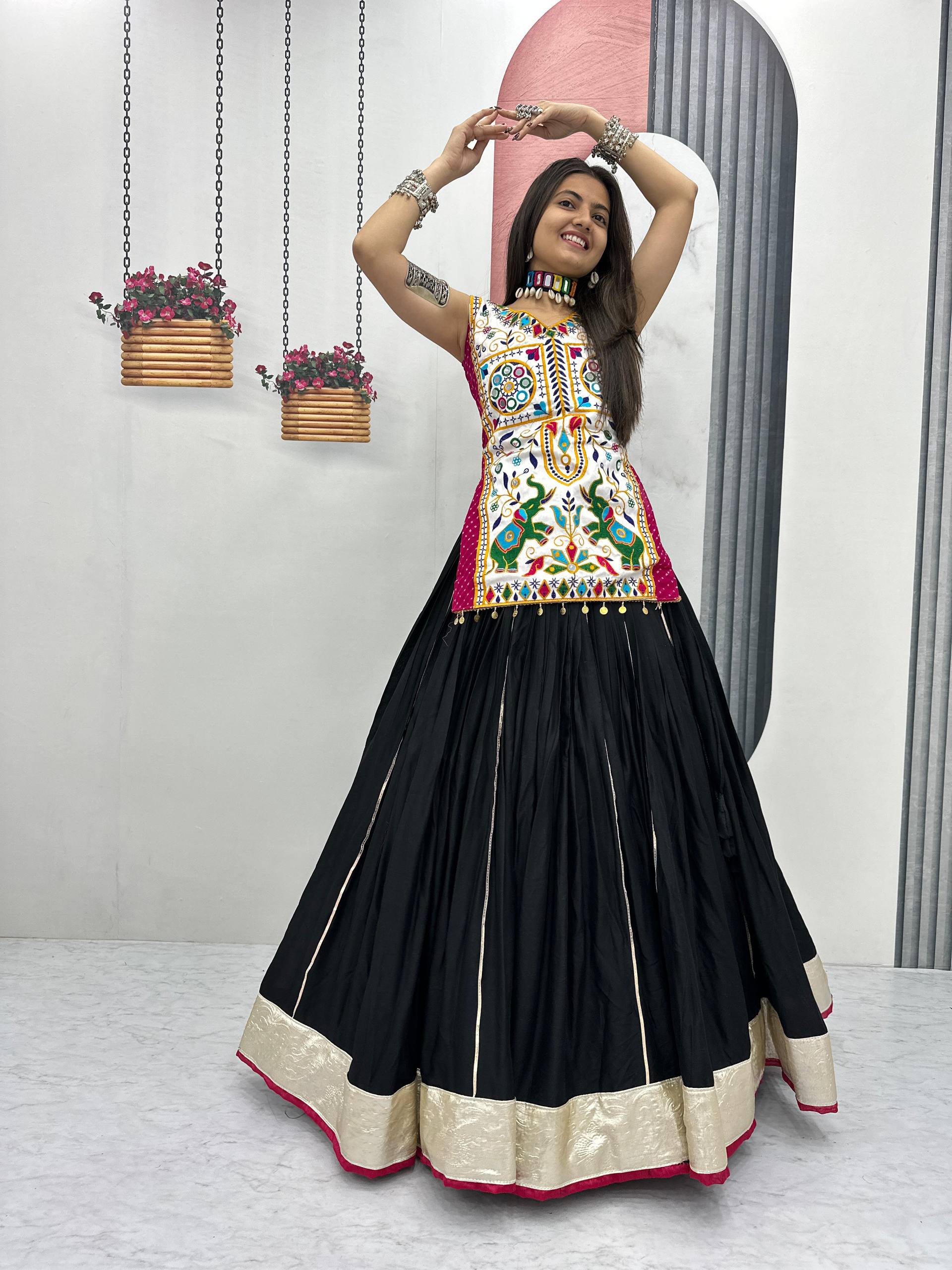 Heavy Gamathi Mirror Work Lehenga Choli | 6 Meter Flair Navratri Special | Pure Cotton Garba Dress for Women |