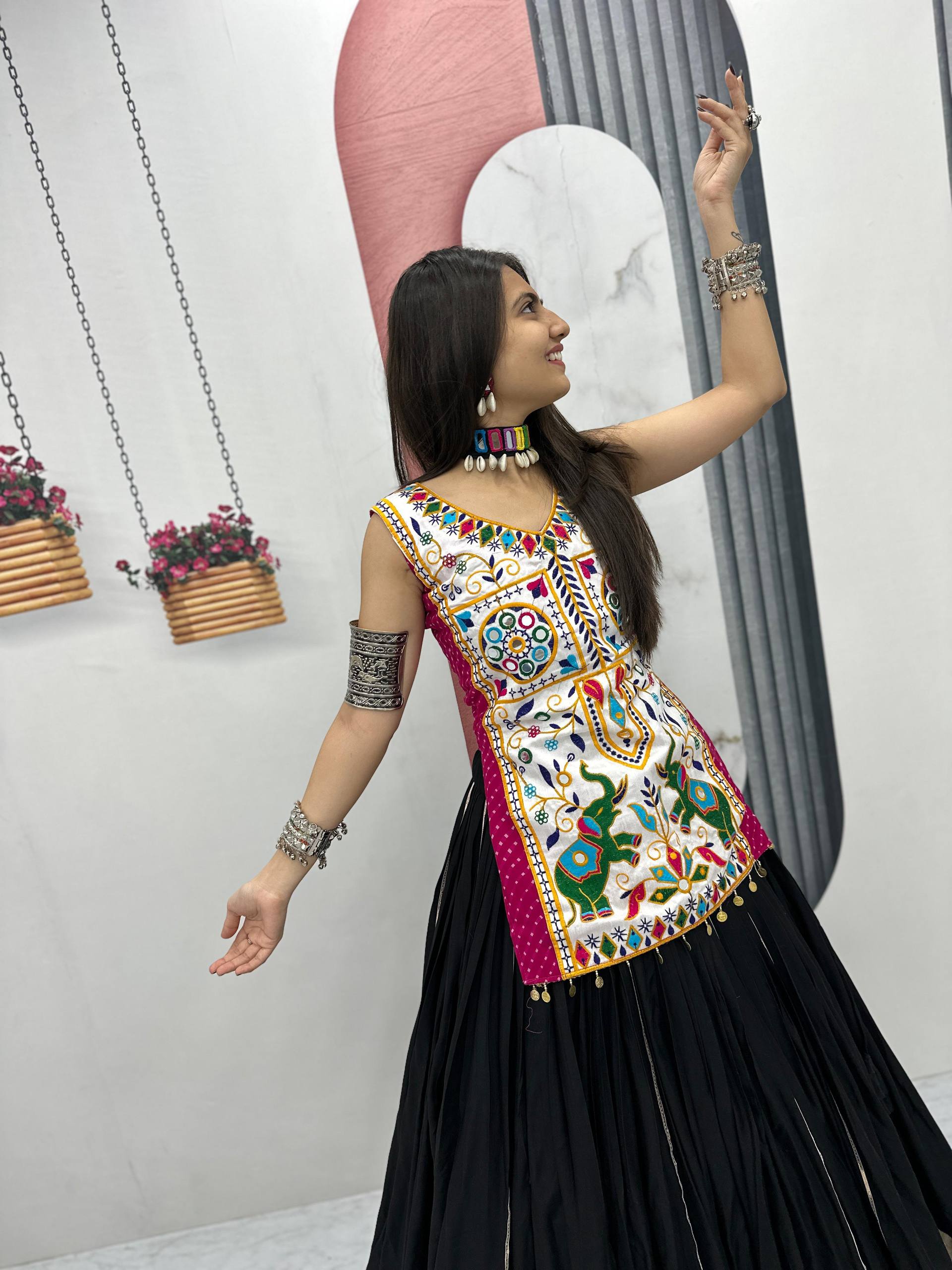 Heavy Gamathi Mirror Work Lehenga Choli | 6 Meter Flair Navratri Special | Pure Cotton Garba Dress for Women |