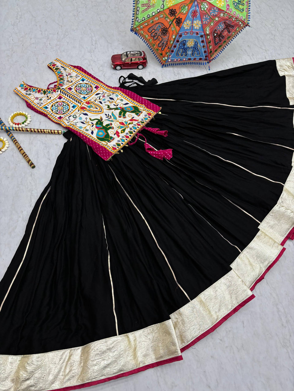 Heavy Gamathi Mirror Work Lehenga Choli | 6 Meter Flair Navratri Special | Pure Cotton Garba Dress for Women |
