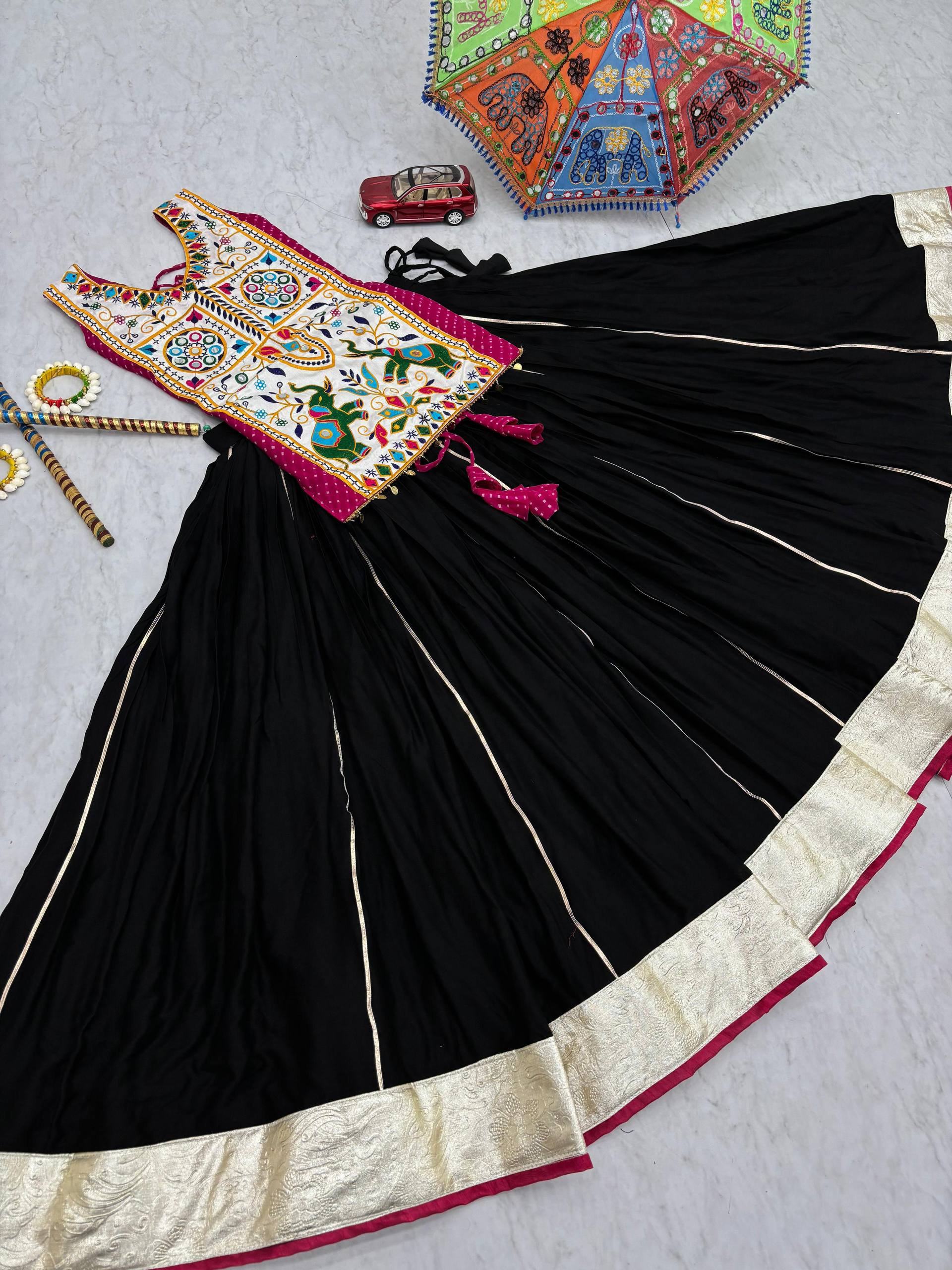 Heavy Gamathi Mirror Work Lehenga Choli | 6 Meter Flair Navratri Special | Pure Cotton Garba Dress for Women |