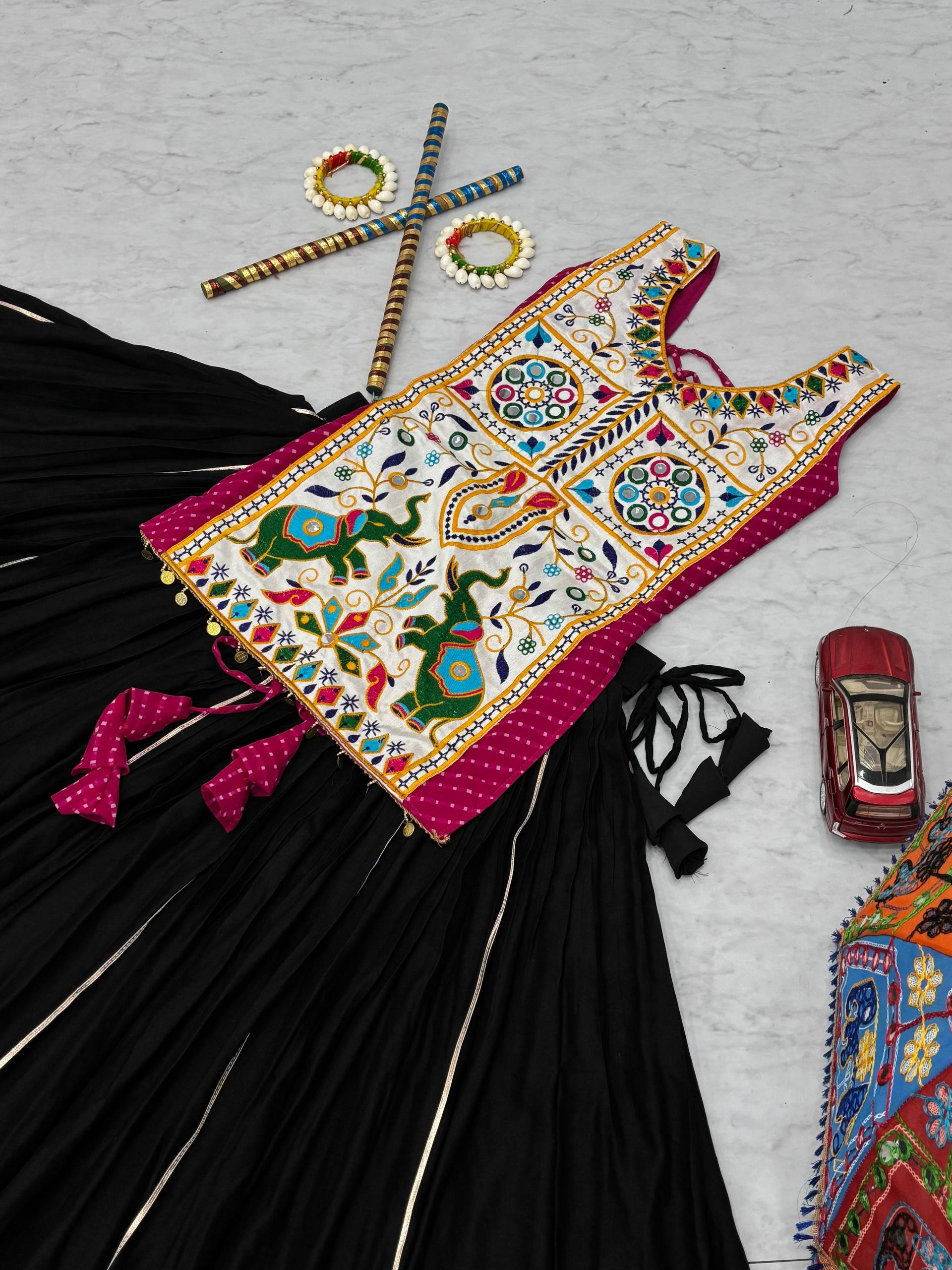 Heavy Gamathi Mirror Work Lehenga Choli | 6 Meter Flair Navratri Special | Pure Cotton Garba Dress for Women |