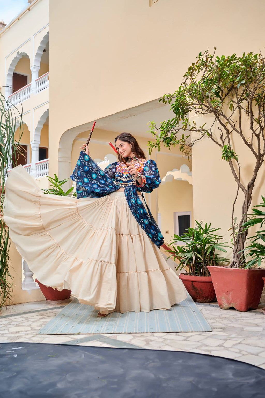 Heavy Gamathi Work Lehenga Choli with 9 Meter Flair | Navratri Special Pure Cotton Garba Dress | Embroidered Shrug & Lehenga Set