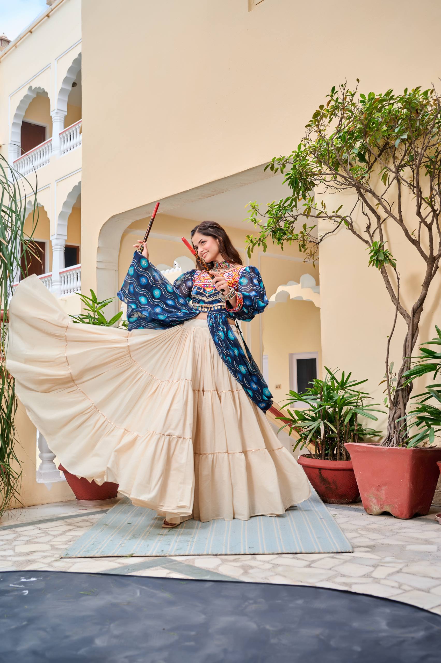 Heavy Gamathi Work Lehenga Choli with 9 Meter Flair | Navratri Special Pure Cotton Garba Dress | Embroidered Shrug & Lehenga Set