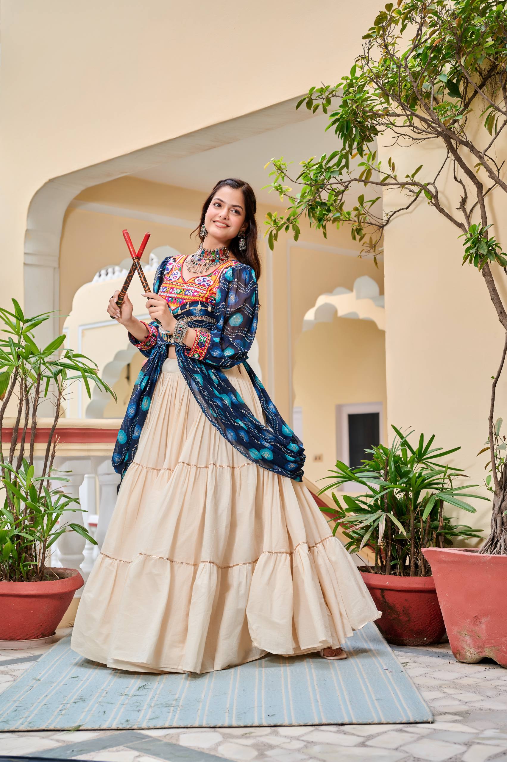 Heavy Gamathi Work Lehenga Choli with 9 Meter Flair | Navratri Special Pure Cotton Garba Dress | Embroidered Shrug & Lehenga Set