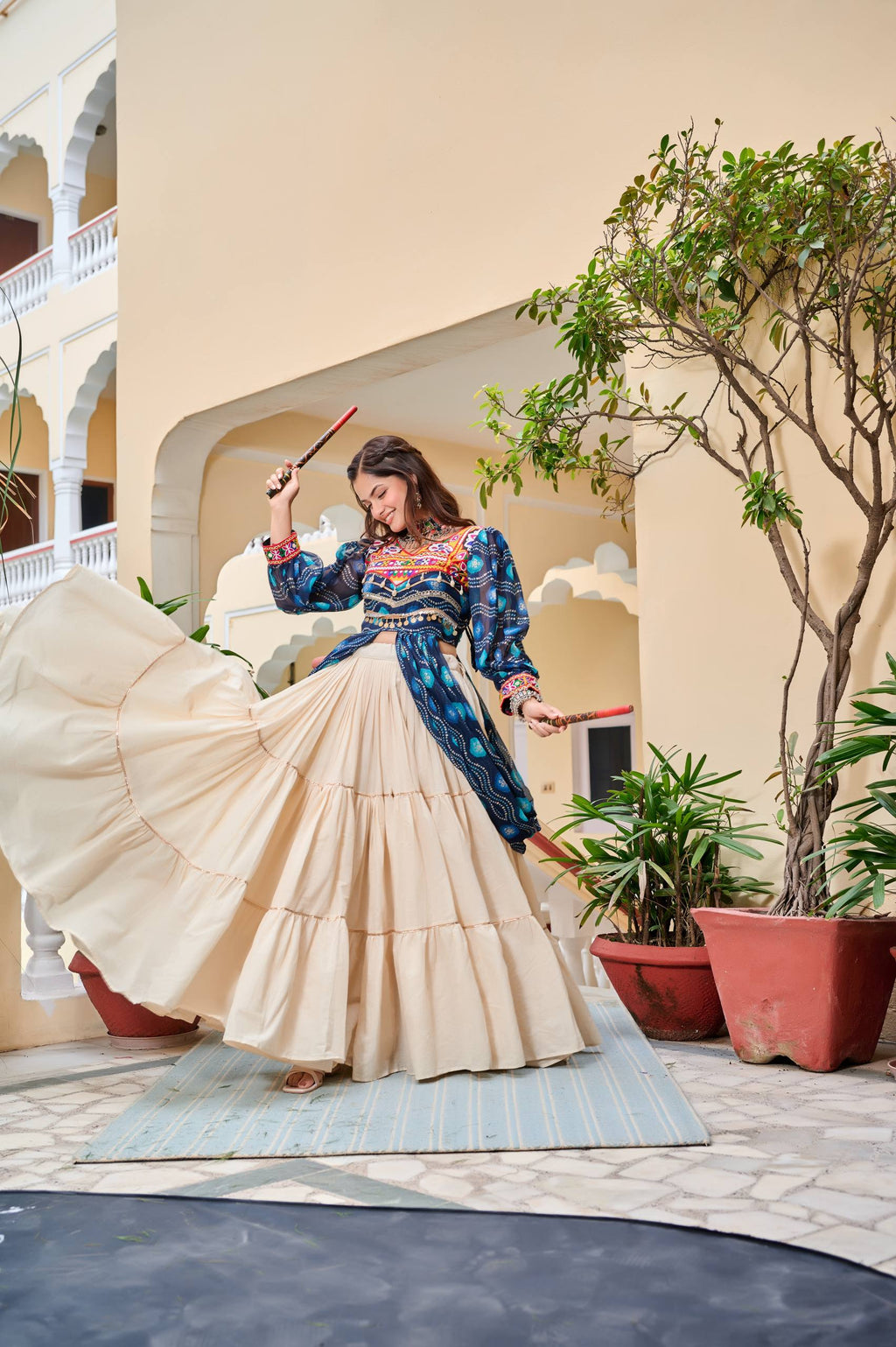 Heavy Gamathi Work Lehenga Choli with 9 Meter Flair | Navratri Special Pure Cotton Garba Dress | Embroidered Shrug & Lehenga Set