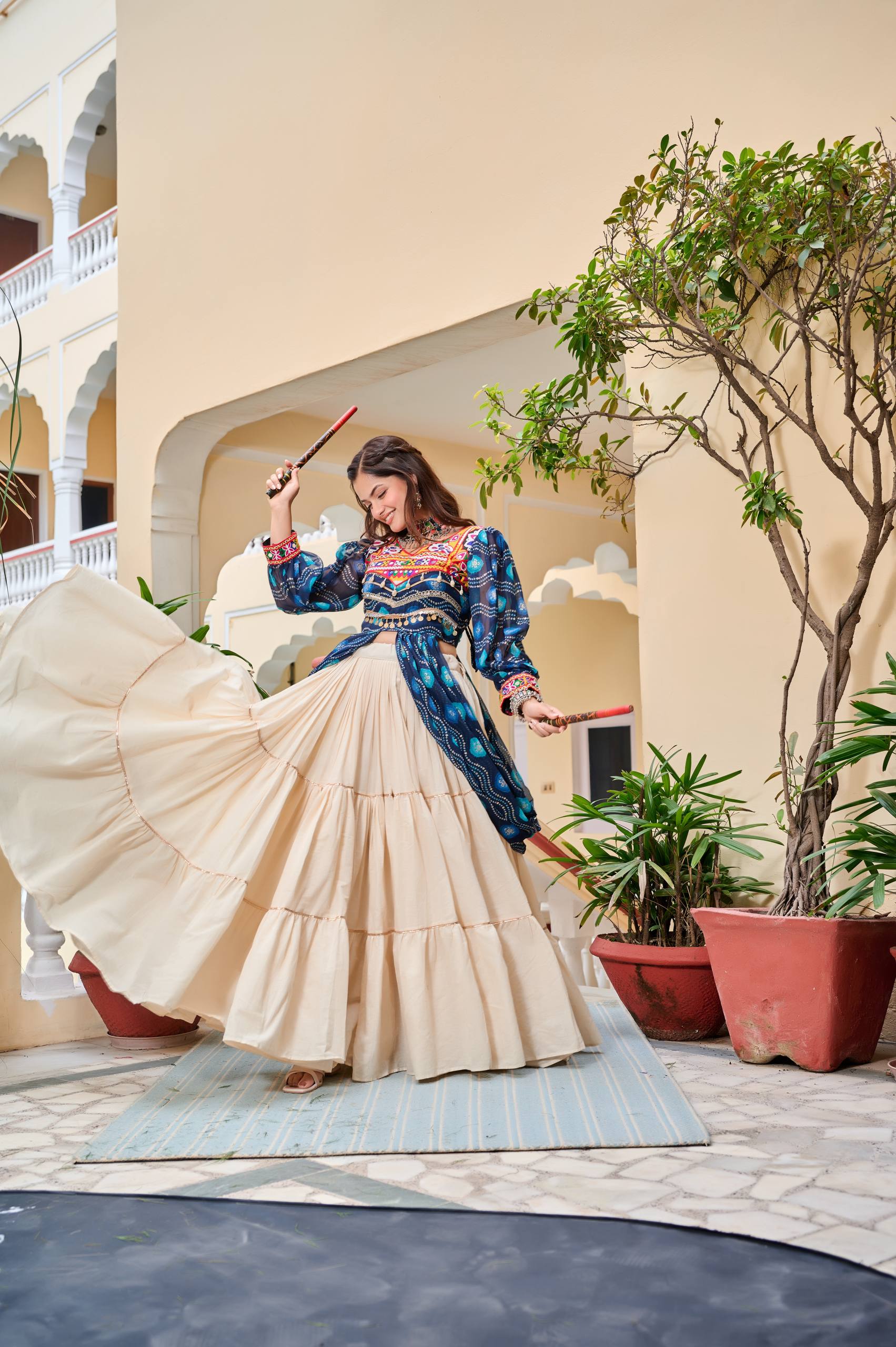 Heavy Gamathi Work Lehenga Choli with 9 Meter Flair | Navratri Special Pure Cotton Garba Dress | Embroidered Shrug & Lehenga Set
