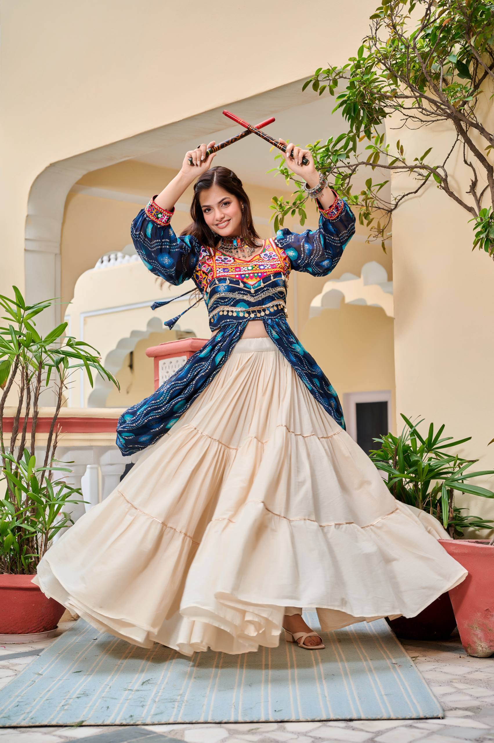 Heavy Gamathi Work Lehenga Choli with 9 Meter Flair | Navratri Special Pure Cotton Garba Dress | Embroidered Shrug & Lehenga Set