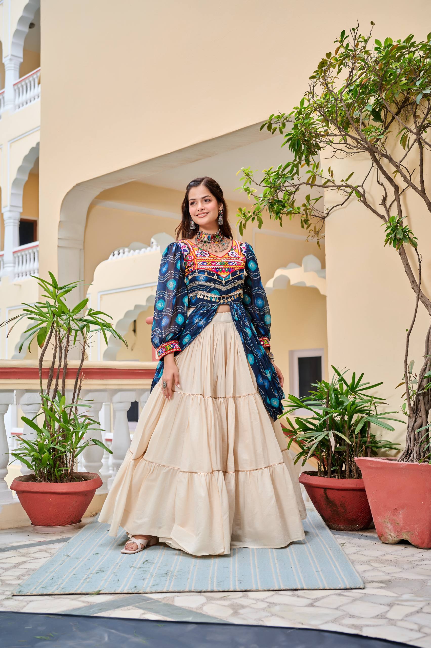 Heavy Gamathi Work Lehenga Choli with 9 Meter Flair | Navratri Special Pure Cotton Garba Dress | Embroidered Shrug & Lehenga Set