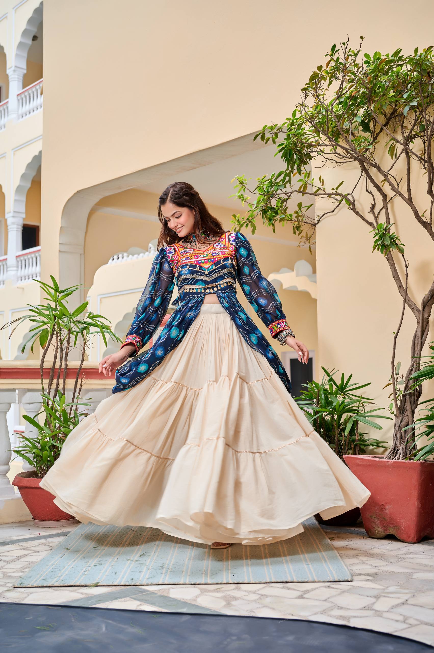 Heavy Gamathi Work Lehenga Choli with 9 Meter Flair | Navratri Special Pure Cotton Garba Dress | Embroidered Shrug & Lehenga Set