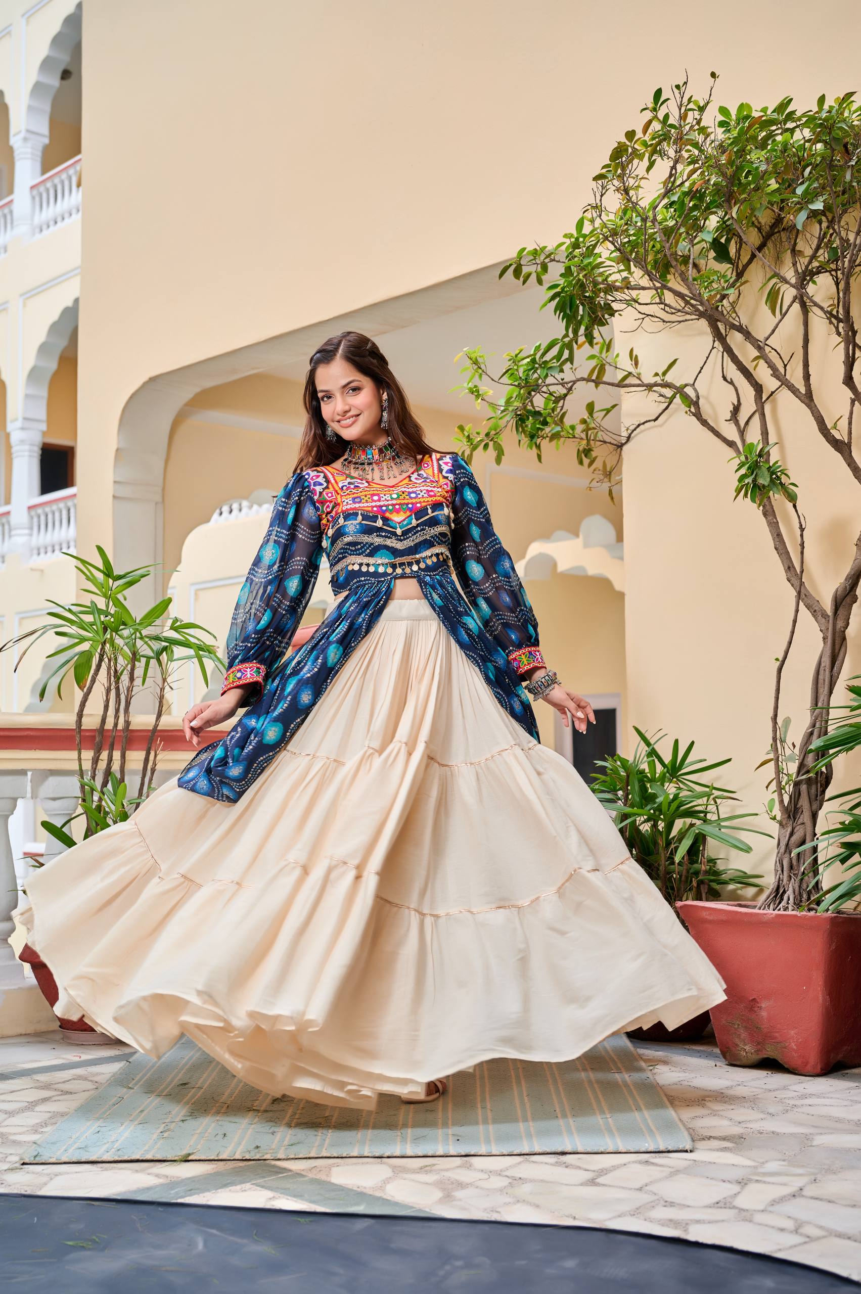 Heavy Gamathi Work Lehenga Choli with 9 Meter Flair | Navratri Special Pure Cotton Garba Dress | Embroidered Shrug & Lehenga Set