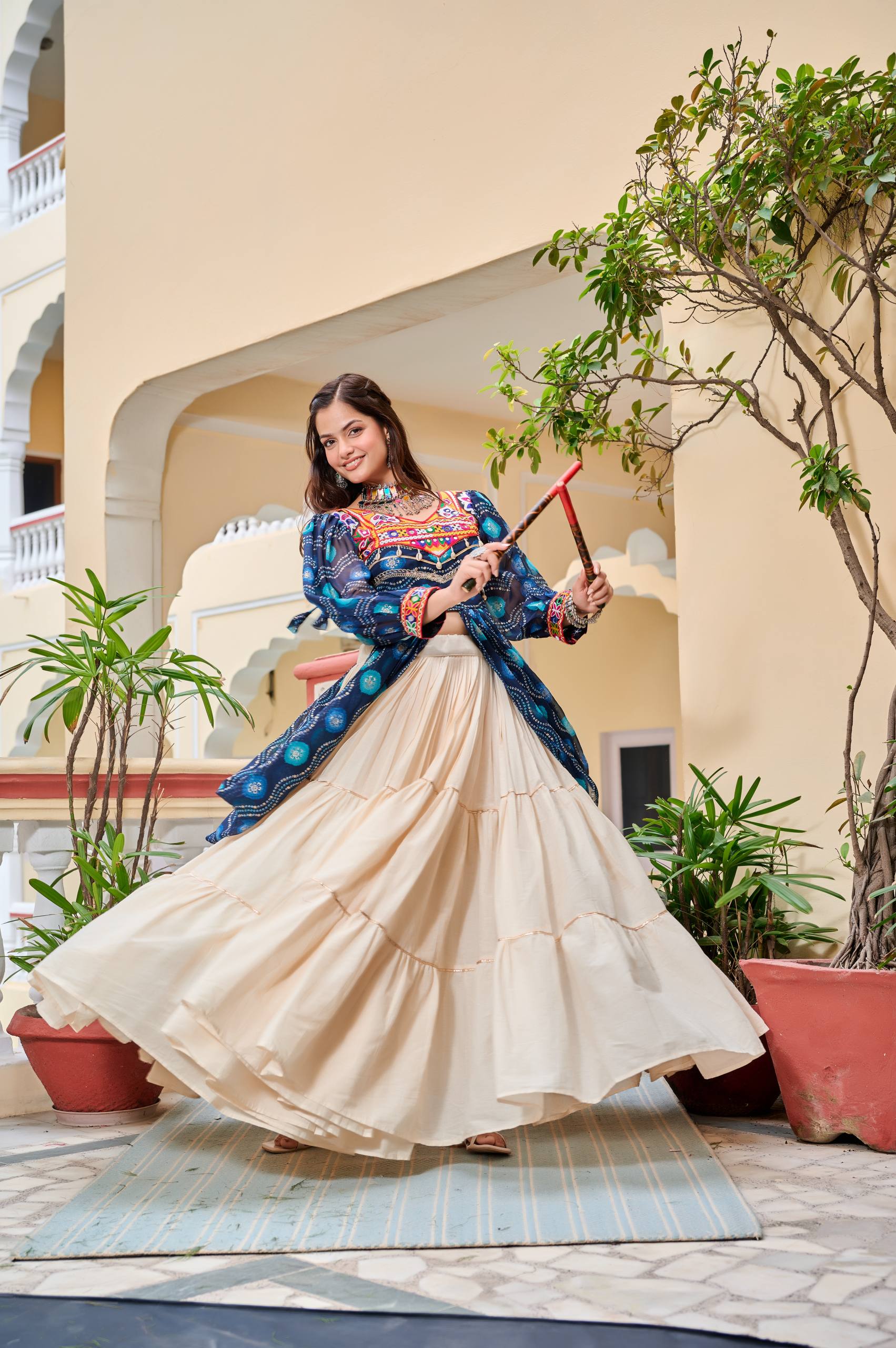 Heavy Gamathi Work Lehenga Choli with 9 Meter Flair | Navratri Special Pure Cotton Garba Dress | Embroidered Shrug & Lehenga Set